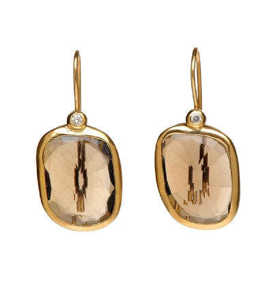 <P class=Body dir=ltr>One of a kind -Uneven shaped Smoky Topaz 14K solid&nbsp;Gold Earrings with Diamonds Hang 32mm Width 15mm</P>