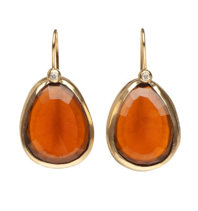 <P>One of a kind - Uneven shaped Hessonite 14K solid Gold Earrings with Diamonds</P>