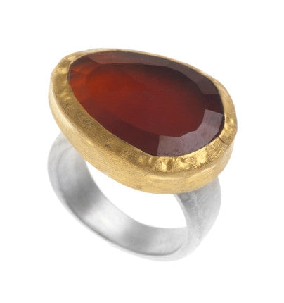 <P dir=ltr class=Body>Large Teardrop Hessonite Ring wrapped with 24K Gold on a Sterling Silver Band</P>