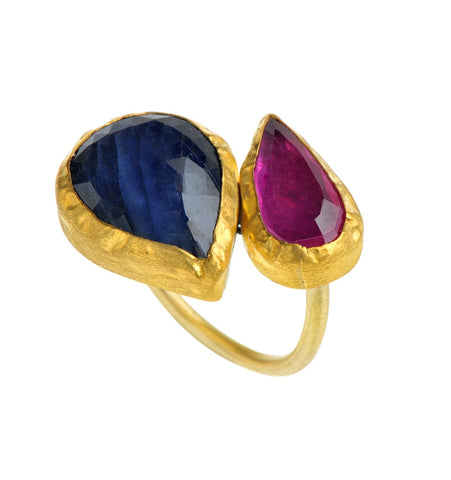 <P dir=ltr class=Body>Two Teardrops of Ruby and Sapphire Ring, all wrapped with 24K Gold on Gold Band </P> <P dir=ltr class=Body>Measurments of stone is 25 x 20mm Available any size! Shape color and size of Sapphire and Ruby may vary</P>