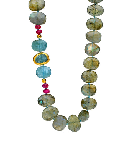 <P dir=ltr class=Body>Necklace of Labradorite, Aquamarine and Rubies and one Aquamarine wrapped with 24K Gold 18" Long or upon request </P>