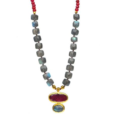 <P dir=ltr class=Body>Necklace of Ruby and Labradorite with a drop of Oval Ruby and Labradorite, both wrapped with 24K Gold 18" Long or upon request Measurments of Drop approx 25mm long 23mm wide</P>