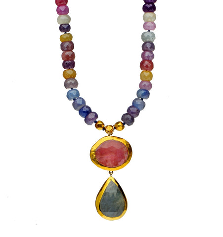 <P class=Body dir=ltr>Necklace of Colorful Sapphire with two Sapphire drops, both wrapped with 24K Gold 18" Long or upon request Measurments of Drops approx 40mm long 20mm wide Shape and size of Sapphire drops may vary!</P>