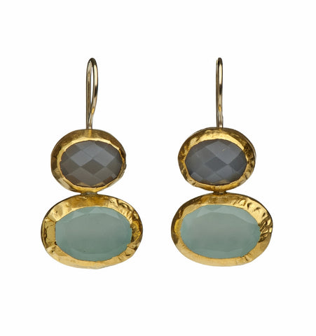 <P dir=ltr class=Body>Two stone Earrings of Oval&nbsp;Gray Moonstone&nbsp;and Oval&nbsp;Peruvian Chalcedony, all wrapped with 24K Gold Hang 28mm Width 14mm</P>