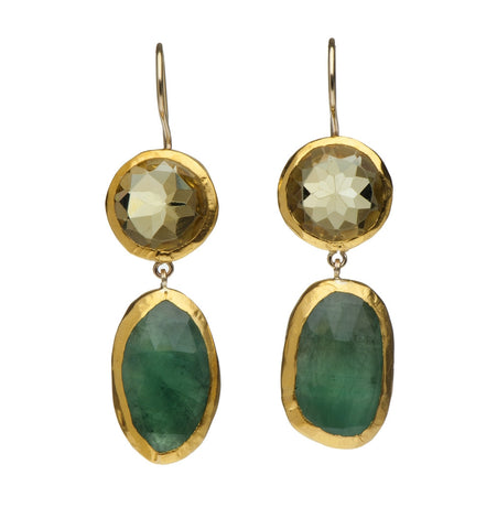 <P class=Body dir=ltr>One of a kind -Two stone Earrings of Round Lemon Quartz and Free-shaped Emerald, all wrapped with 24K Gold Hang 45mm Width 12mm Has lot's of movments!</P>