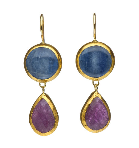 <P dir=ltr class=Body>Two stone Earrings of Round Kynite and Sapphire Teardrop, both wrapped with 24K Gold Hang 40mm Width 14mm</P> <P dir=ltr class=Body>&nbsp;</P>