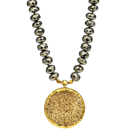 <P dir=ltr class=Body>Pyrite Necklace with a Giant Gold Pyrite Pendant wrapped with 24K Gold 18" Long or upon request</P>