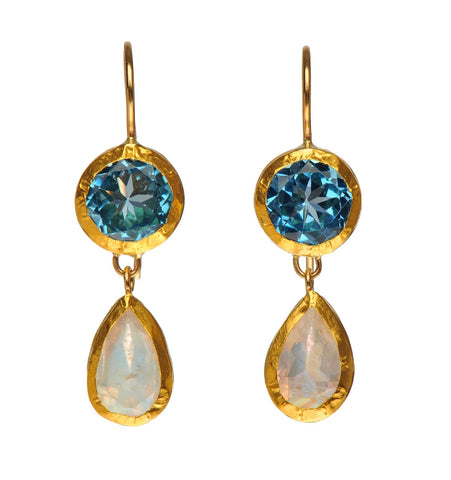<P class=Body dir=ltr>Two stone Earrings of Blue Topaz and Moonstone both wrappped with 24K Gold</P>