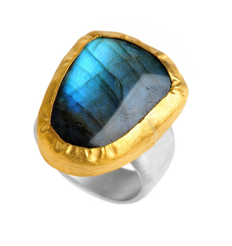 <P dir=ltr class=Body>One Of A kind Free-shaped Labradorite Ring wrapped with 24K Gold on Sterling Silver Band Available any size! Shape and size of Stone may vary</P>