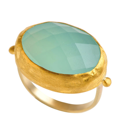 <P dir=ltr class=Body>Gold oval Blue Chalcedony Ring wrapped with 24K Gold Measurments of stone is&nbsp;20 x 16mm Available any size! </P>