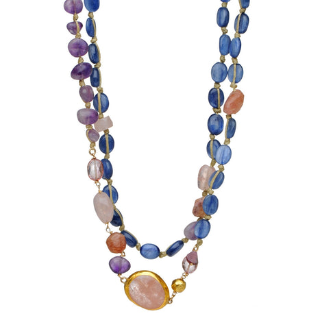 <P class=Body dir=ltr>Long Kyanite, Rose Quartz and Tourmaline necklace with off side Morgonite drop wrapped with 24k gold</P>