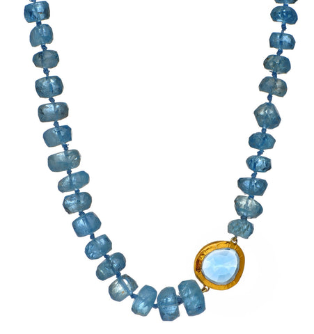 <P dir=ltr class=Body>Aquamarine extra fine, Large stones with off side Blue Topaz Center wrapped with 24K Gold 18" Long or upon request</P>