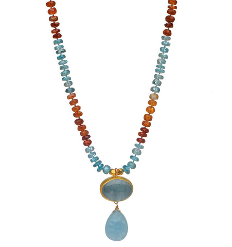 <P dir=ltr class=Body>Multi color Natural Zircon Necklace with Aquamarine drop wrapped with 24K Gold and an Aquamarine drop 18" Long or upon request</P>