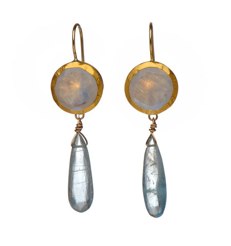 <P class=Body dir=ltr>Round Moonstone Earrings wrapped with 24K Gold&nbsp; with a long Aquamaine drop Hang 28mm Width 14mm</P>