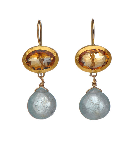 <P dir=ltr class=Body>Citrine Oval Earrings wrapped with 24K Gold with an Aquamarine drop Hang 35mm Width 14mm</P>