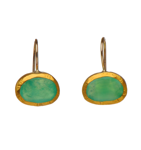 <P dir=ltr class=Body>Gold oval Chrysoprase Earrings wrapped with 24K Gold Hang 30mm Width 12mm</P>