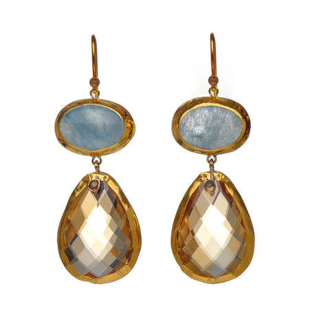 <P class=Body dir=ltr>Aquamarine and congac Earrings double stone,&nbsp;wrapped with 24K Gold and a tiny Diamond lot's of movments, Hang 45mm Width 16mm</P>
