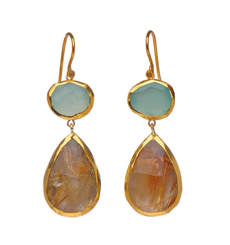 <P dir=ltr class=Body>Earrings of Blue Chalcedony and Ruthilated Quartz wrapped with 24K Gold and a tiny Diamond Hang 45mm Width 14mm</P>