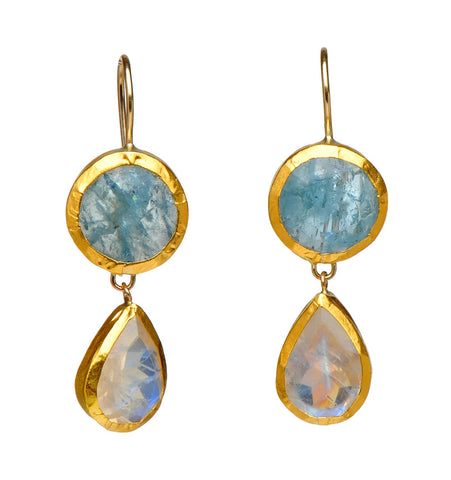 <P dir=ltr class=Body>Double stone Earrings of Aquamarine and Moonstone wrapped with 24K Gold Hang 35mm Width 13mm</P>
