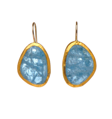 <P dir=ltr class=Body>One of a kind uneven shaped Aquamarine Earrings wrapped with 24K Gold Hang 33mm Width 16mm</P>