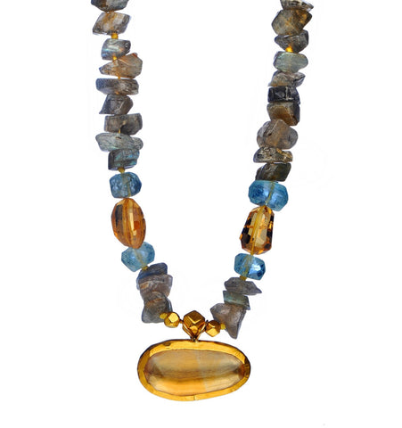 <P dir=ltr class=Body>Necklace of Labradorite, Aquamarine and Citrine with uneven Citrine drop wrapped with 24K Gold 17.5" Long</P>