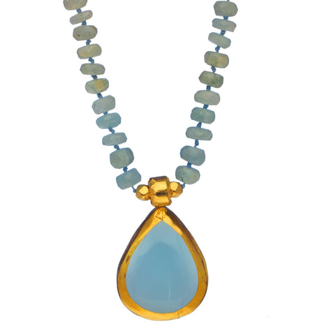 <P dir=ltr class=Body>One of a kind Matt Aquamarine Necklace with a large Blue Chalcedony drop wrapped with 24K Gold 17.5" Long</P>