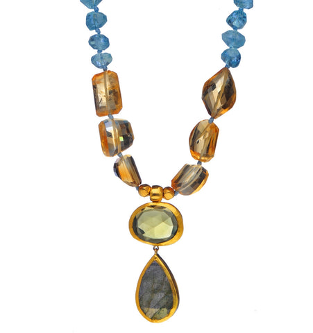 <P dir=ltr class=Body>Aquamarine and Citrine Necklace with double drops of Labradorite and Cognac Quartz&nbsp; wrapped with 24K Gold 17.5" Long</P>