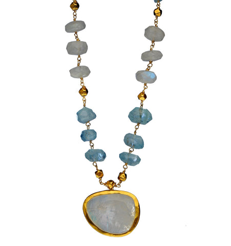 <P dir=ltr class=Body>Aquamarine and Moonstone Necklace with a large uneven Moonstone drop wrapped with 24K Gold 17.5" Long</P>