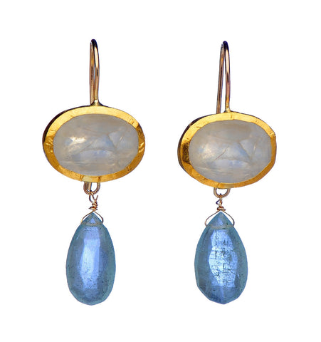 <P dir=ltr class=Body>Moonstone oval Earrings wrapped with 24K Gold with Long Aquamarine drop Hang 40mm Width 16mm</P>