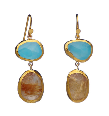 <P dir=ltr class=Body>Double stone Chalcedony and Ruthilated Quartz Earrings wrapped with 24K Gold Hang 36mm Width 12mm</P>