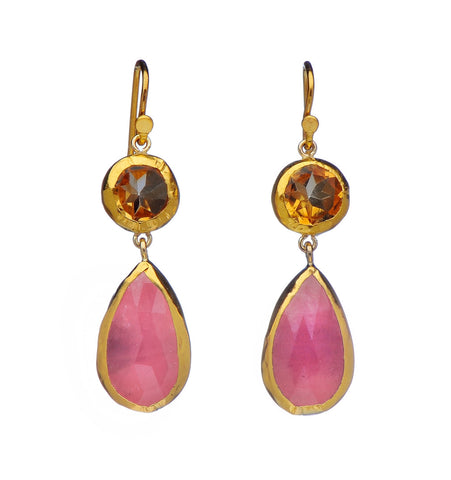 <P dir=ltr class=Body>Round Citrine and Sapphire Drop Earrings both wrapped with 24K Gold Hang 38mm Width 10mm</P>