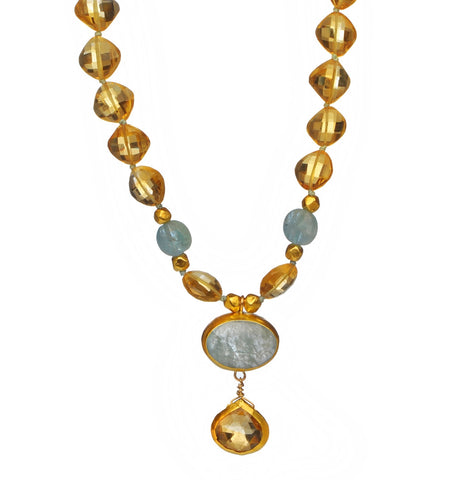 <P dir=ltr class=Body>Necklace of Citrine and Aquamarine with drops Of Oval Aquamarine and&nbsp;Citrine&nbsp;wrapped with 24k Gold 17" long or upon request</P>