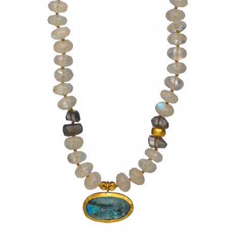 <P dir=ltr class=Body>Moonstone Necklace with an oval Labradorite drop wrapped with 24k Gold 17" long or upon request</P>