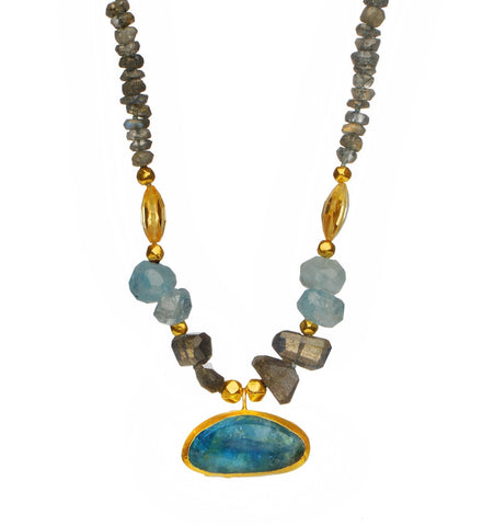 <P dir=ltr class=Body>Necklace of Labradorite, Aquamarine and Citrine with uneven Aqua drop wrapped with 24k gold 17" Long or upon request</P>