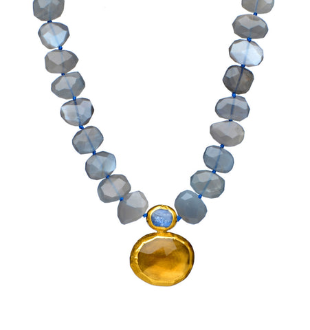 <P class=Body dir=ltr>Gray Moonstone necklace with a double drop of Kynite and Citrine, all wrapped with 24K Gold 17" Long </P>