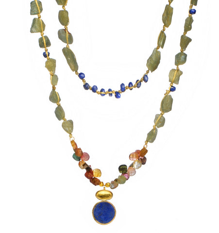 <P dir=ltr class=Body>Double Necklace of Aventurine and Tourmaline with a drop of oval 24k Gold Marquise and Round Lapis all wrapped with 24K Gold 41" Long or upon request</P>