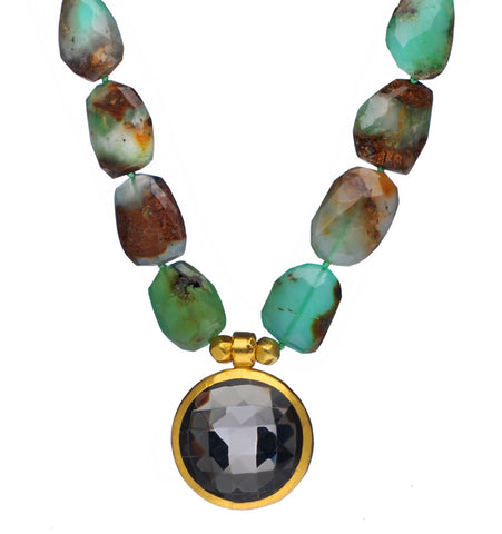 <P dir=ltr class=Body>Large Chrysophase Necklace with an extra large Smoky Topaz drop wrapped with 24K Gold 17" Long or upon request</P>