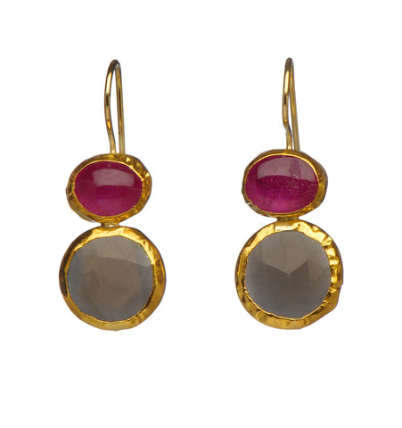 <P dir=ltr class=Body>Two stone Earrings of oval treated Ruby and round Gray Moonstone, all wrapped with 24K Gold Hang 33mm Width 10mm</P>