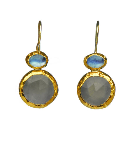 <P dir=ltr class=Body>Two stone Earrings of small oval Apetite and round Gray Moonstone, all wrapped with 24K Gold Hang 29mm Width 10mm</P>