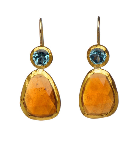 <P>Long Earrings of round Blue Topaz and Long uneven shaped Hessonite, all wrapped with 24K Gold Hang 38mm Width 12mm</P>