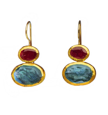 <P dir=ltr class=Body>Two stone Earrings of oval Ruby and Oval Labradorite, all wrapped with 24K Gold Hang 28mm Width 15mm</P>