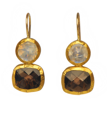 <P class=Body dir=ltr>Double stone Earrings of Moonstone and Rectangle Smoky Topaz, all wrapped with 24K Gold Hang 30mm Width 12mm</P>