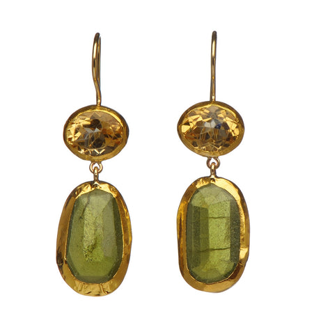 <P dir=ltr class=Body>Long Earrings of Oval Citrine and Long Oval Bassanite, all wrapped with 24K&nbsp;Gold Hang 40mm Width 17mm</P>