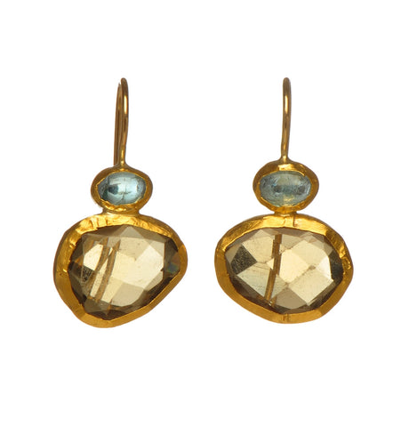 <P dir=ltr class=Body>Double stone Earrtings of small Apetite and uneven shaped Smoky Topaz, all wrapped with 24K Gold Hang 26mm Width 15mm</P>