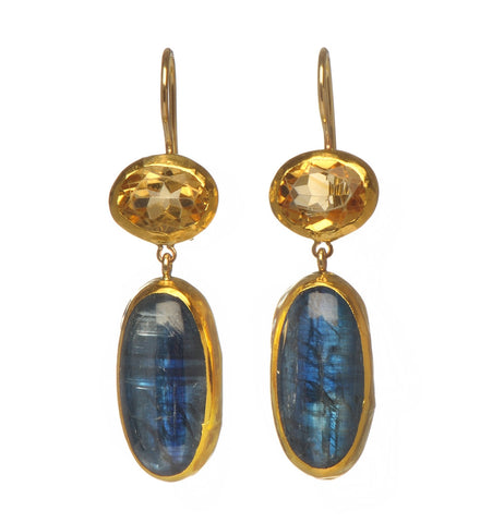 <P dir=ltr class=Body>Long Earrings of oval Citrine and long Oval Kynite, all wrapped with 24K Gold Hang 42mm Width 10mm</P>