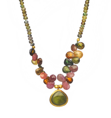 <P dir=ltr class=Body>Tourmaline drops necklace with Serpentine drop wrapped with 24k gold</P>