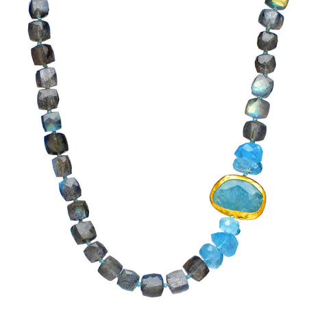 <P dir=ltr class=Body>Square stones Labradorite and Aquamarine with an Offside Aquamarine wrapped with 24K Gold 17" Long or upon request</P>