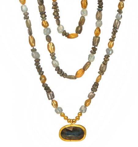 <P dir=ltr class=Body>Long necklace of Labradorite, Aquamarine and Citrine with an oval Labradorite wrapped with 24K Gold. To be worn as a Double/Triple Layer Necklace. 58" Long or upon Request.</P>