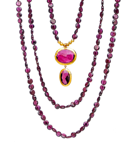 <P>Long Garnet Necklace with two Tourmaline drops wrapped with 24K Gold. To be worn as a Double/Triple Layer Necklace. 58" Long or upon request.</P>