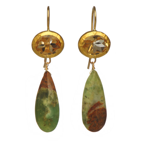 <P dir=ltr class=Body>Citrine Earrings wrapped with 24K Gold and a Long Chrysophase drop Hang 45mm Width 12mm</P>